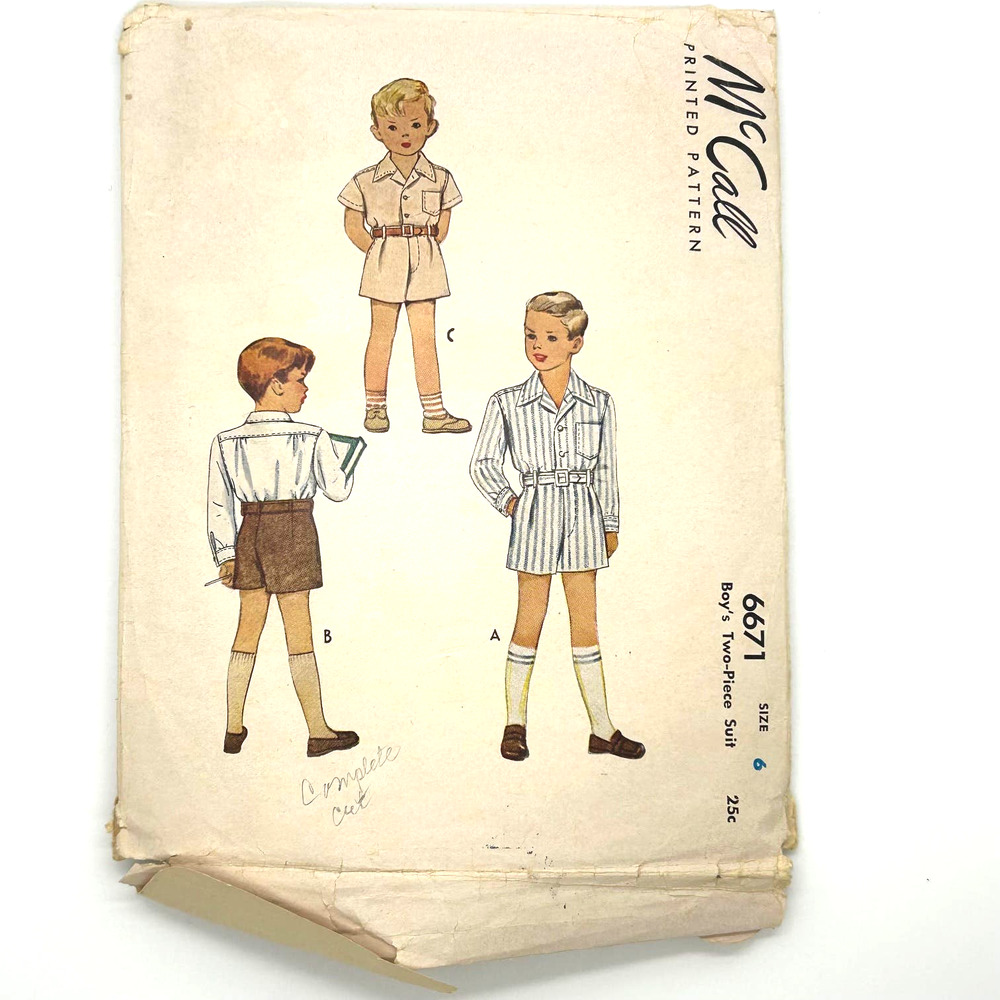McCall Vintage 1946 Pattern #6671 Boys 2‎ Piece Shorts Suit Size 6